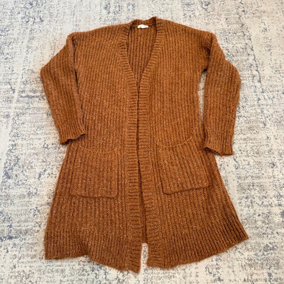 Mystree Sweaters - MYSTREE Womens Rust Orange Ribbed Knit Open Front Longline Cardigan Sweater S